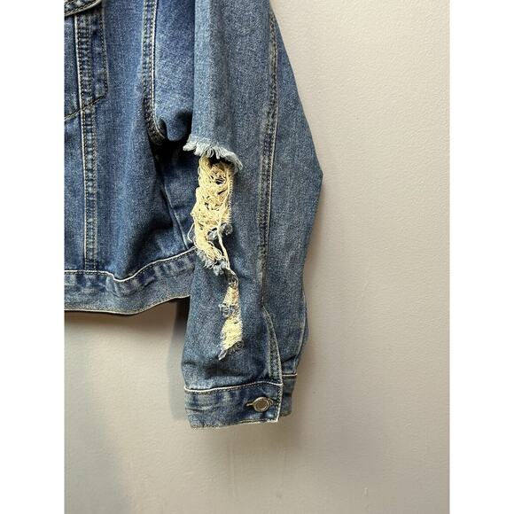 Boohoo Blue Distressed Denim Jacket Womens Size 14 Trucker Jean Pockets - Picture 6 of 9
